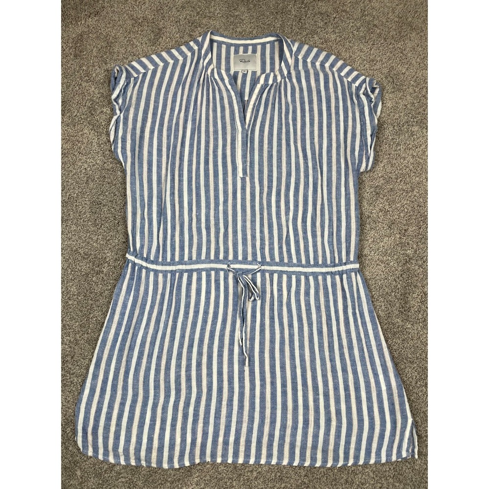 Rails Dress Womens Medium Blue Emma Mykonos Striped‎ Drawstring Beach Boho Linen